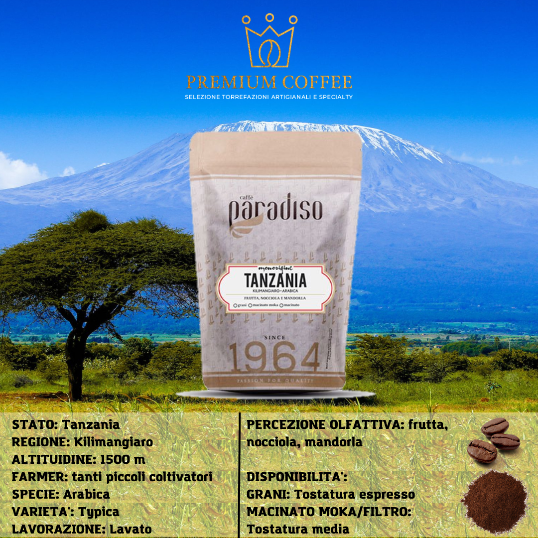 Regione Kilimangiaro Altitudine 1500 m Farmer tanti piccoli coltivatori Varietà Typica Processo di lavorazione lavato Gusto frutta, nocciola e mandorla